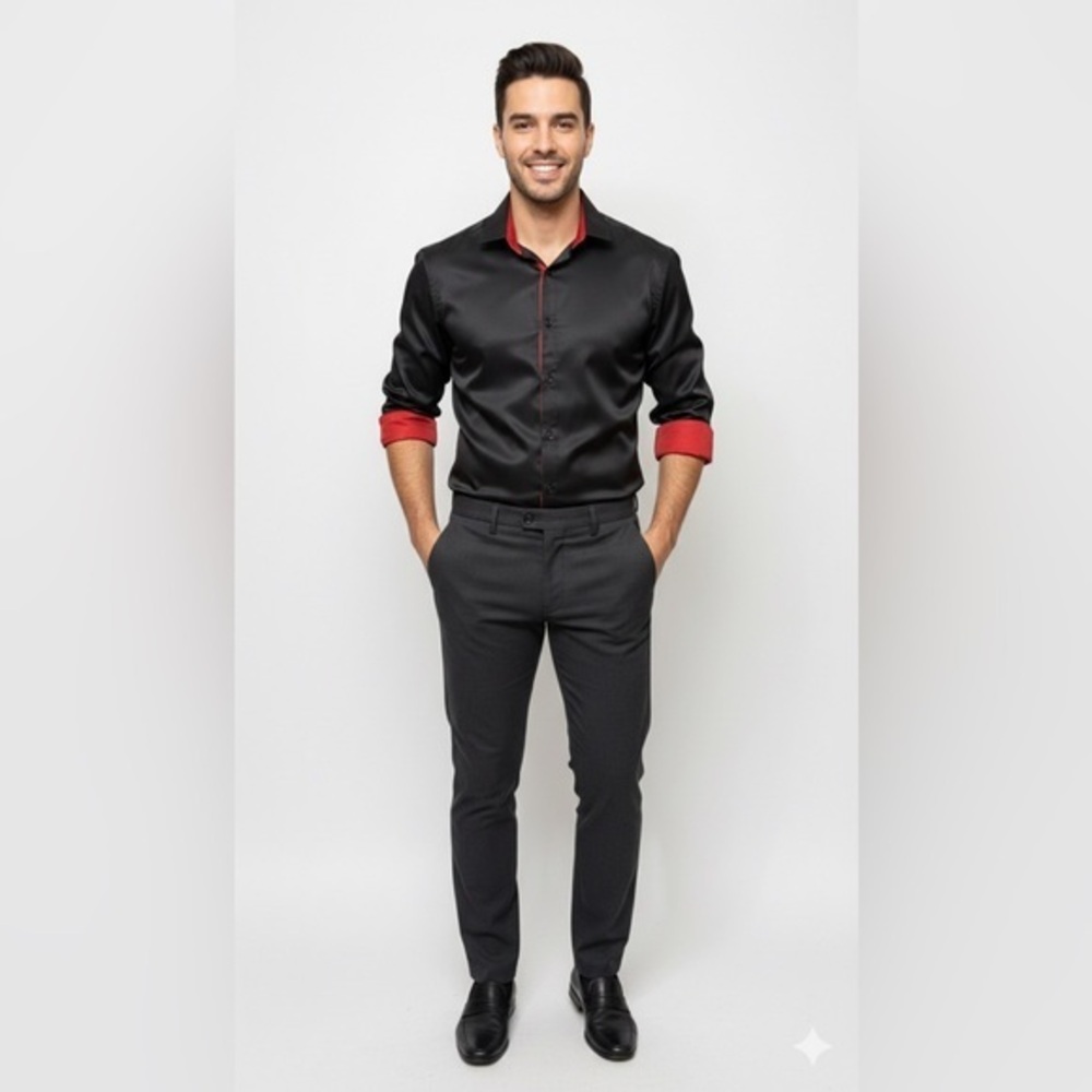 Jemitop Men's Black Shirt Jacket with Red Trim Size M